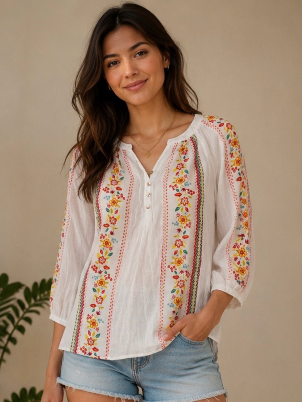 Anthropologie Flower & Fig Boho Peasant Blouse Size S/M White Floral Cottagecore